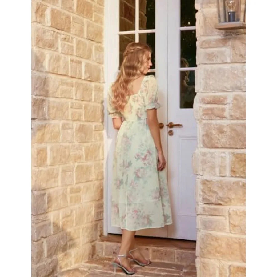 Scarlet Darkness Floral Dress for Women Summer Puff Sleeve Square Neck A Line Flowy Wedding Guest Tea Party Dresses