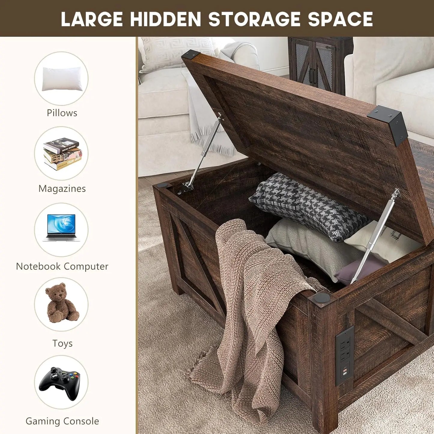 Farmhouse Lift Top Coffee Table with Storage, Wood Square Center Table with Charging Station&USB Port, Living Room, Customized