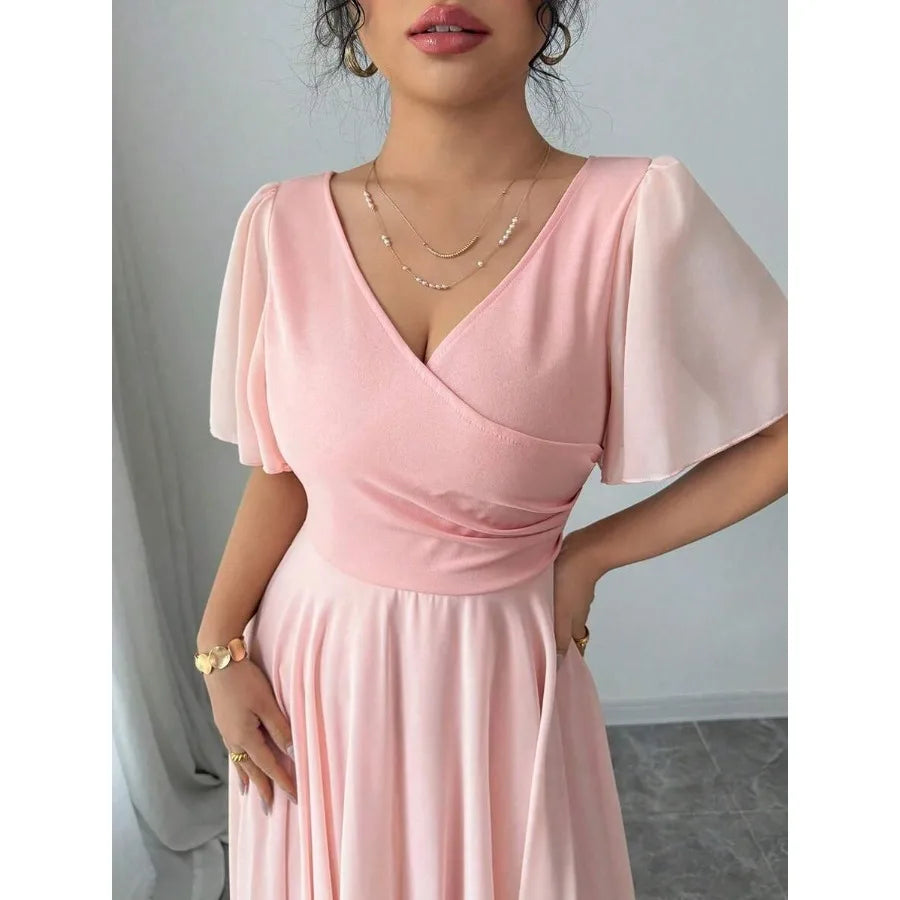 【New style】 Elenzya Plus Size Women Chiffon Ruffle Sleeve V-Neck A-Line Dress, Simple Elegant Romantic Graceful Flowing