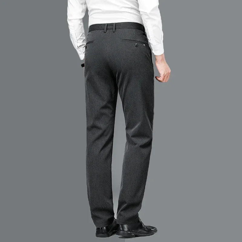 BROWON 2026 Antumn Winter Straight Suit Pants Men Solid Color Brushed Elastic Work Trousers Black Trouser for Mam