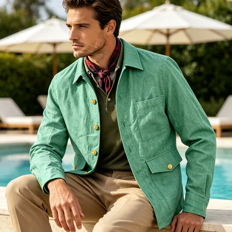 Mens Vintage Linen Jacket With Breathable Gold Button Lapel Design