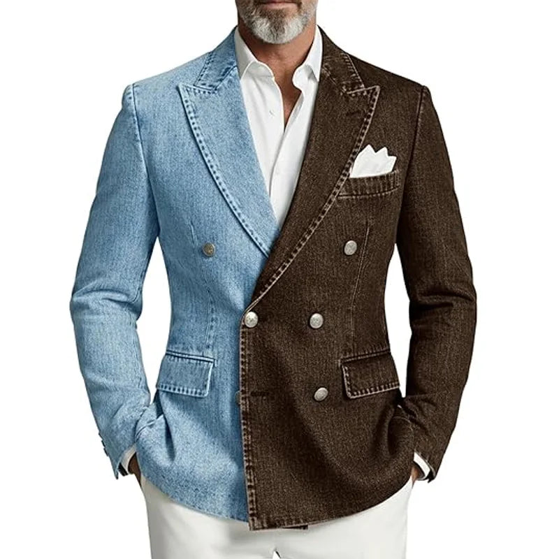Denim Men's Suit Jacket Double Breasted Peak Lapel Slim Fit Casual Blazer Outing Date Night Trendy Party Fashion Costume Homme