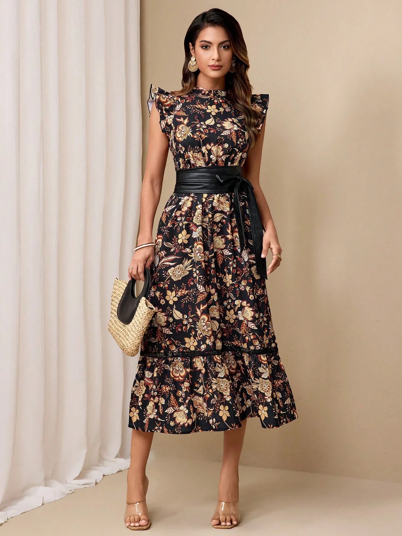 Elegant Floral Print Cinched Waist Midi Dress With Ruffle Sleeve