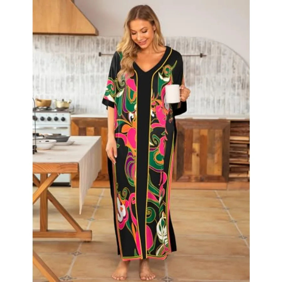 Bloggerlove Women Nightgowns Cotton Caftan House Dress Short Sleeve Sleepwear Vacation Beach Moo Moos Dress with Pockets