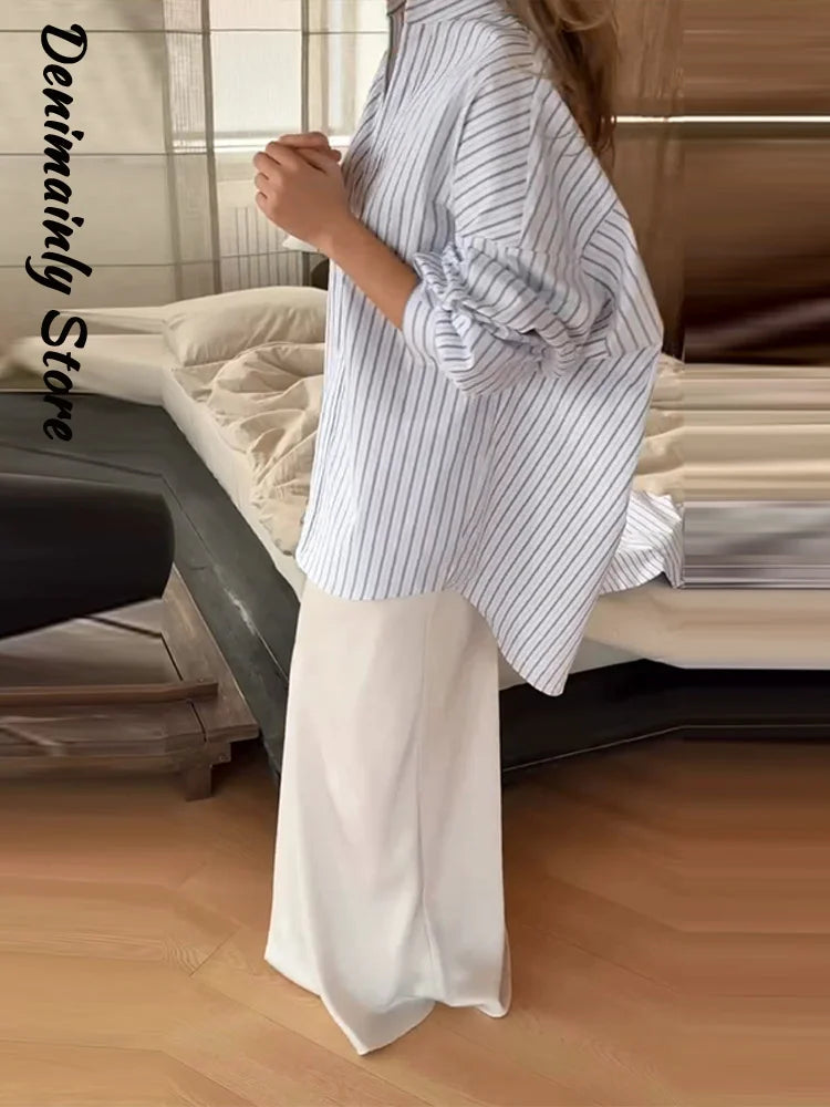 Fashion Women's Striped Shirt Casual Stand Up Collar Long Sleeved Detachable Lace Up Skirt 2026 Spring Lady Commuting Outfit New