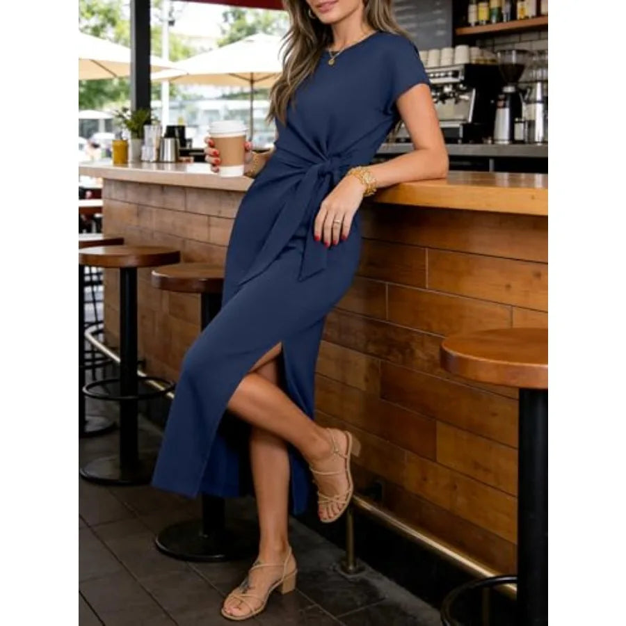 ANRABESS Womens Summer Maxi Dress Casual Crew Neck Tie Waist Split Wrinkle-Free Fit Long Fashion Vacation Dresses 2026 Spring