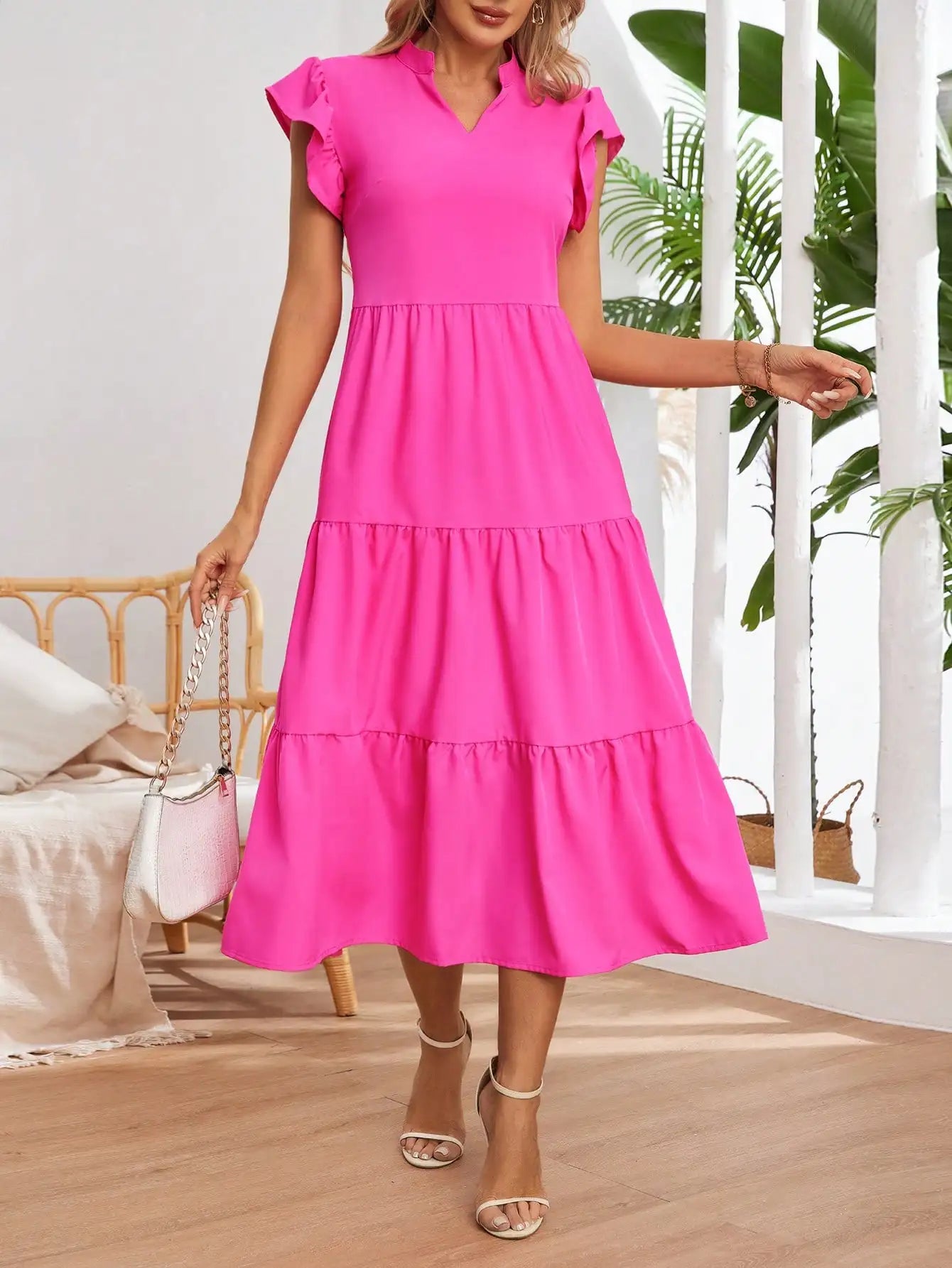 Pink Tiered Ruffle Sleeve Midi Dress Casual Elegant Summer