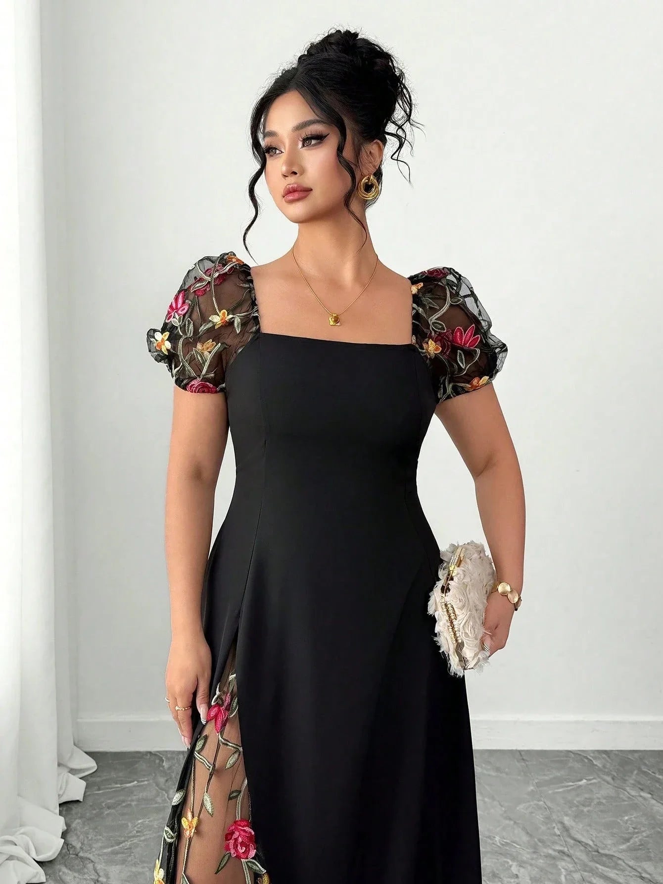 Elegant Black A-Line Midi Dress Plus Size Square Neck Sheer Puff Sleeve Floral Embroidery Split Thigh Party Dress