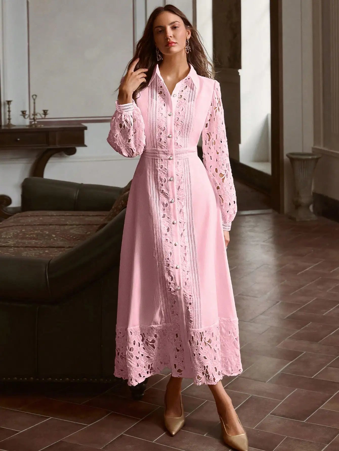 Elegant Solid Sky Blue Hollow Lace Patchwork Button Down Dress Vintage Style