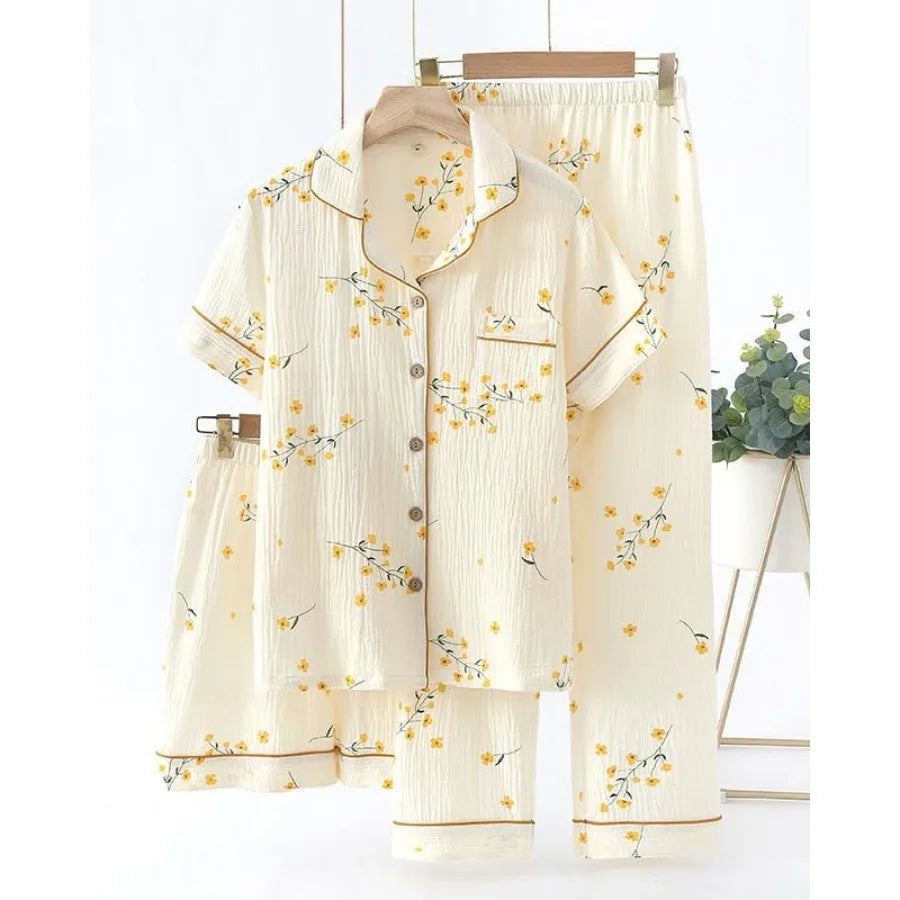 codcm Womens 3pcs Cotton Pajamas Set Short Sleeve Sleepwear Fruit Print Cute Pj Set with Long Pants