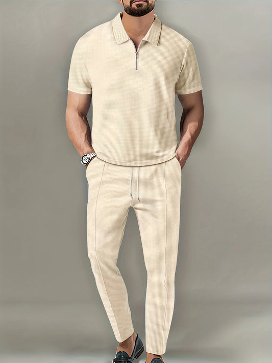 New Men's Solid Color Suit Waffle Lapel Short-sleeved Zipper Long Pants Set - The Best Choice For Casual Wea