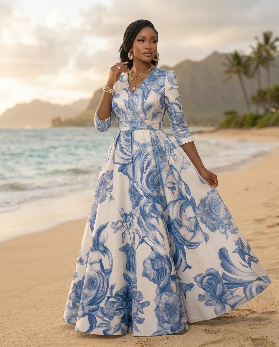 Women's V Neck Three Quarter Sleeve Printed Pleated Maxi Dress For Wedding Guest Beach Banquet Elegant Fashion Occasions