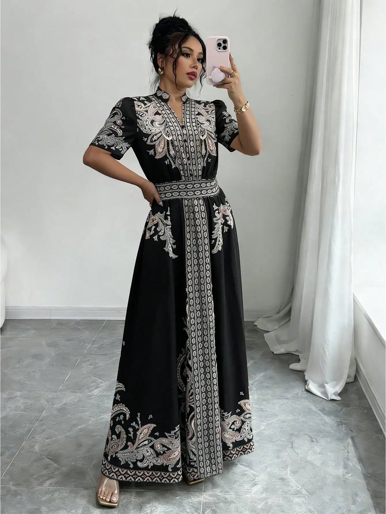 Elegant A-Line Maxi Dress With Puff Sleeve Notched Neck Embroidered Paisley Pattern