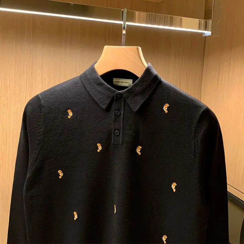 Mens Vintage Seahorse Embroidered Knit Polo Shirt Long Sleeve