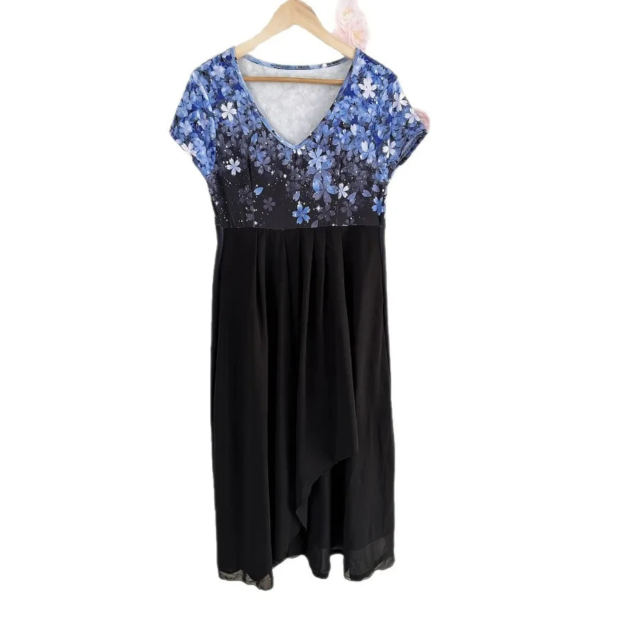 【New style】European and American   women's clothing summer dress sexy print shiny stitching big swing v-neck evening gift A-lin