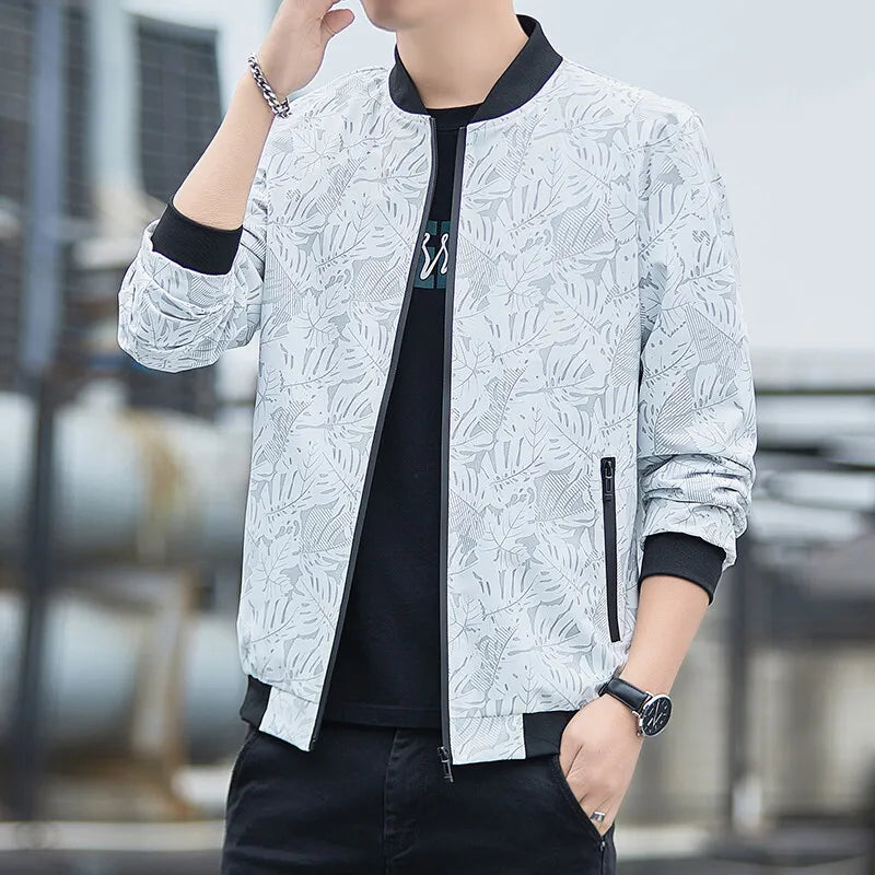 BROWON Business Casual Mens Jacket 2026 Spring Standing Collar Print Coats Men Autumn Fashion Long Sleeve Outdoor Men Clothing