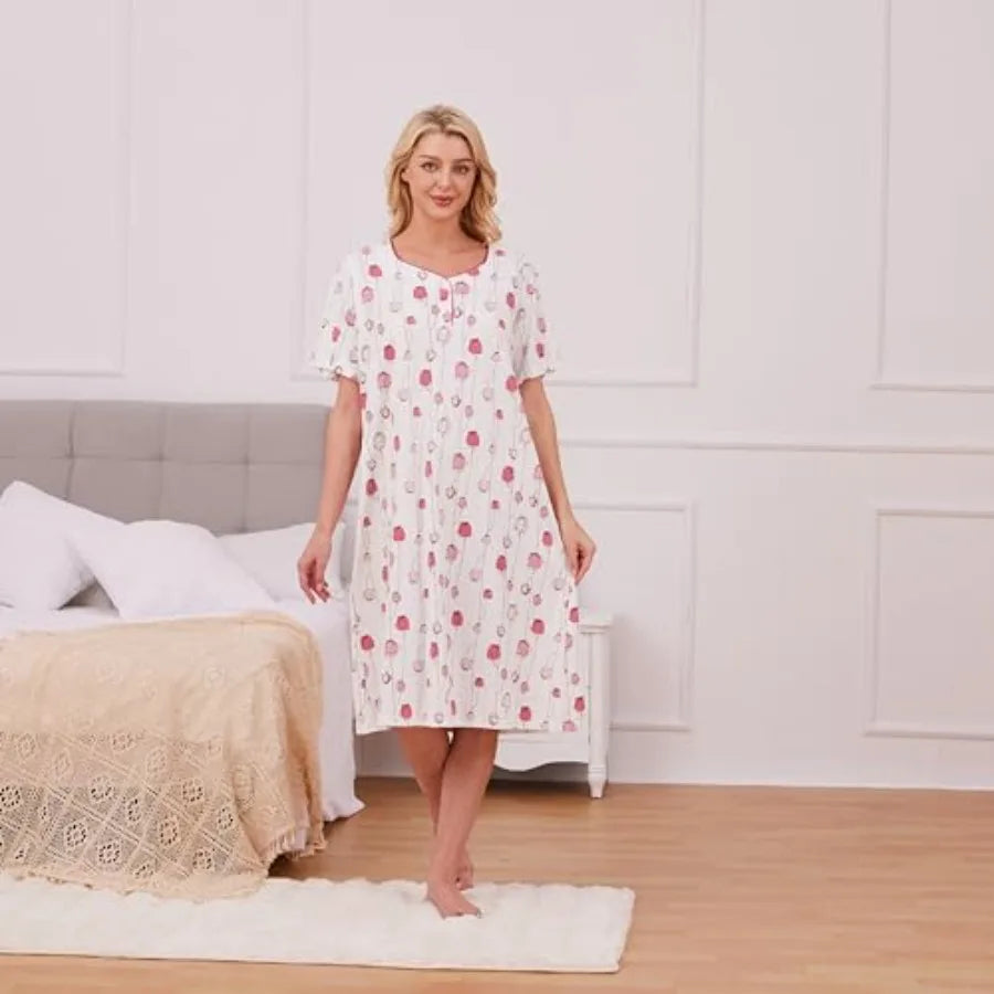 Womens Nightgown for Summer - Soft Cotton Comfortable Short Sleeve Lightweight Floral Sleepwear and Loungewear M-XXL