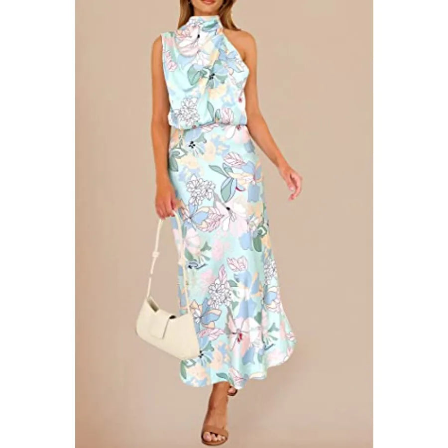 PRETTYGARDEN Women's 2026 Summer Satin Dress Elegant Sleeveless Mock Neck Cocktail Party Maxi Dresses