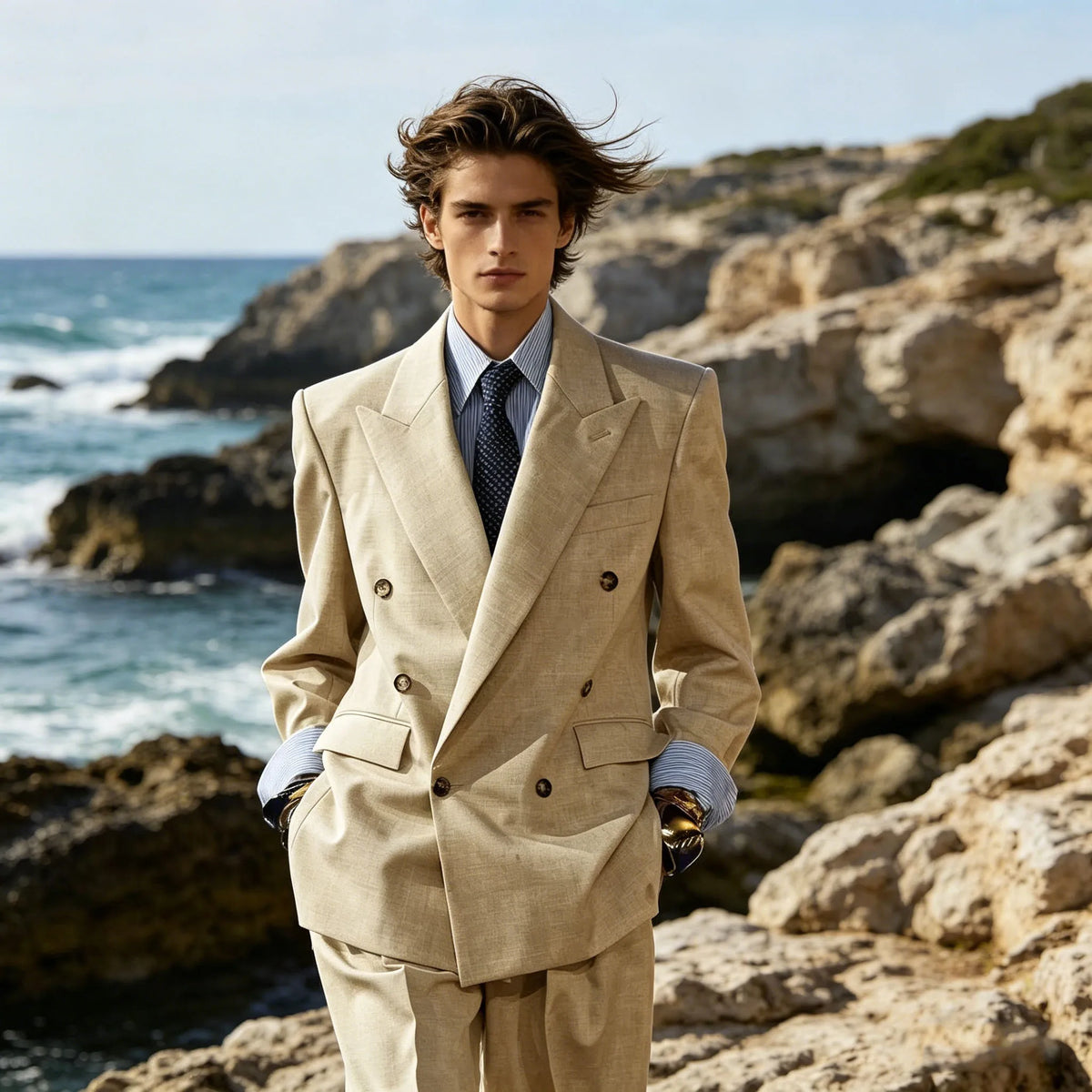Men's Linen Suit Set Double Breasted 2 Pieces Peak Lapel Oversized Breathable Soft Formal Jacket Pants Outfit Business Casual