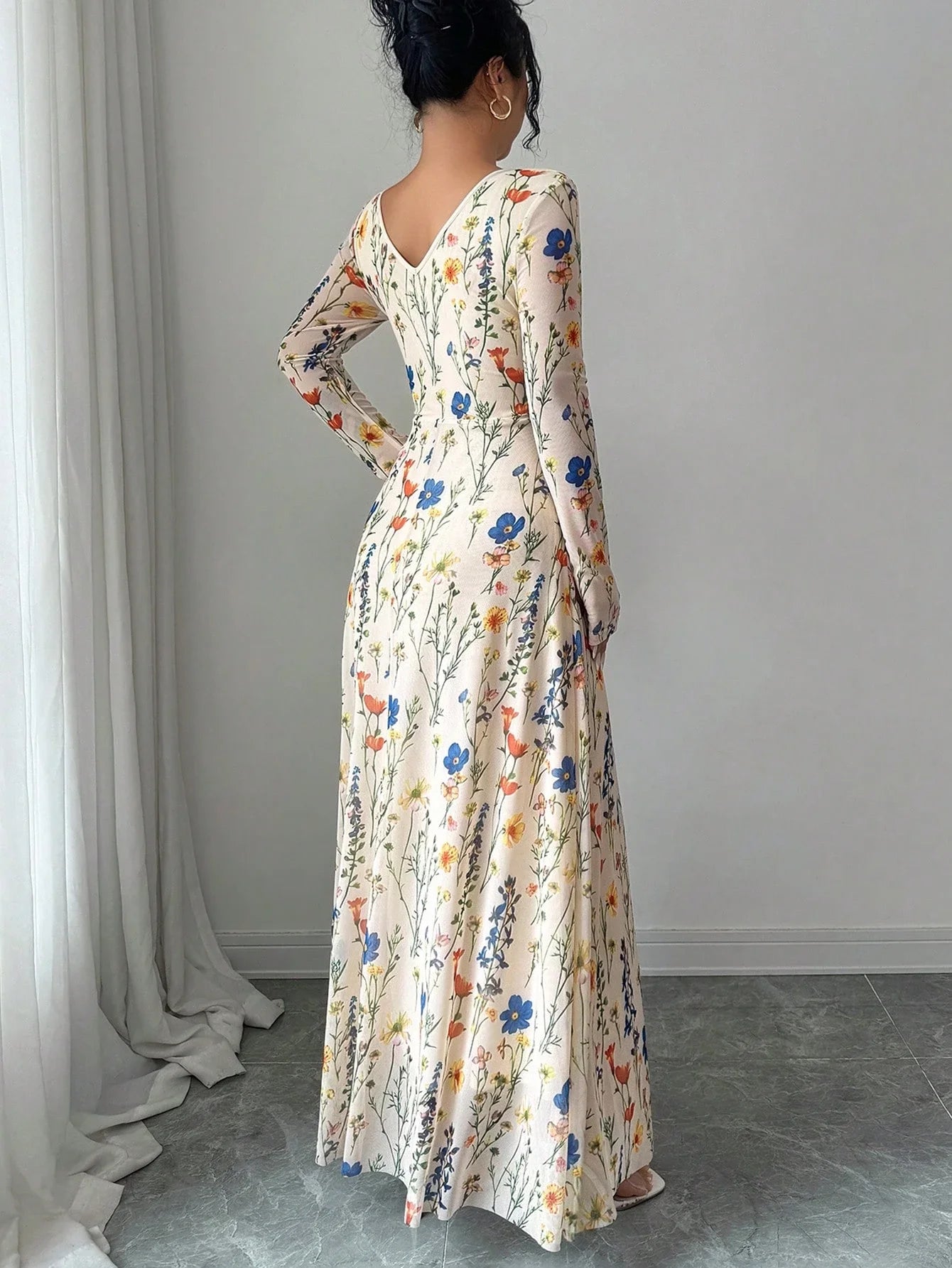 Elegant Floral Print Long Sleeve Maxi Dress With Drawstring Waist