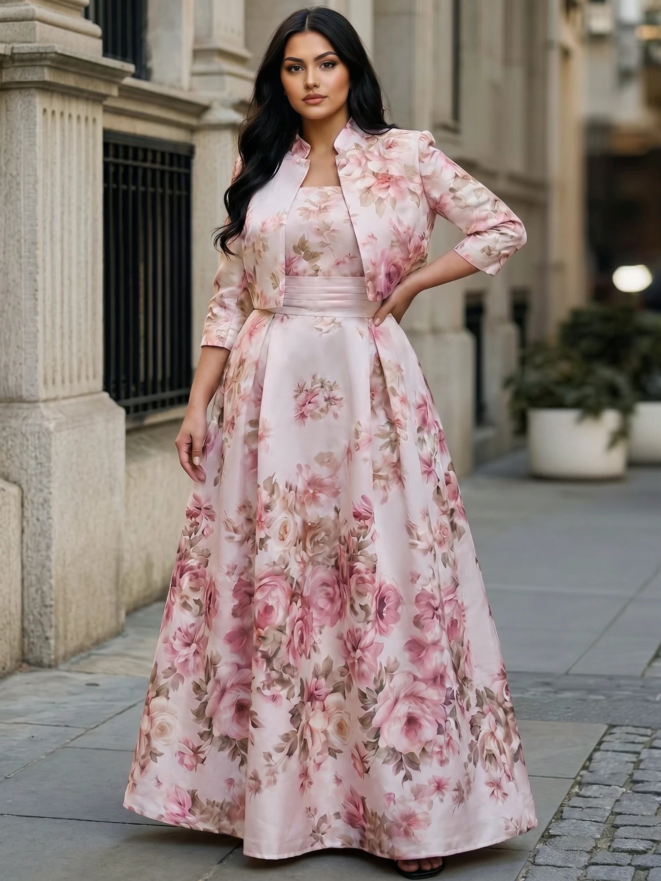 Women's Stand Collar 3/4 Sleeve Crop Coat Floral Print Maxi Dress Set For Wedding Guest Garden Daily Occasions