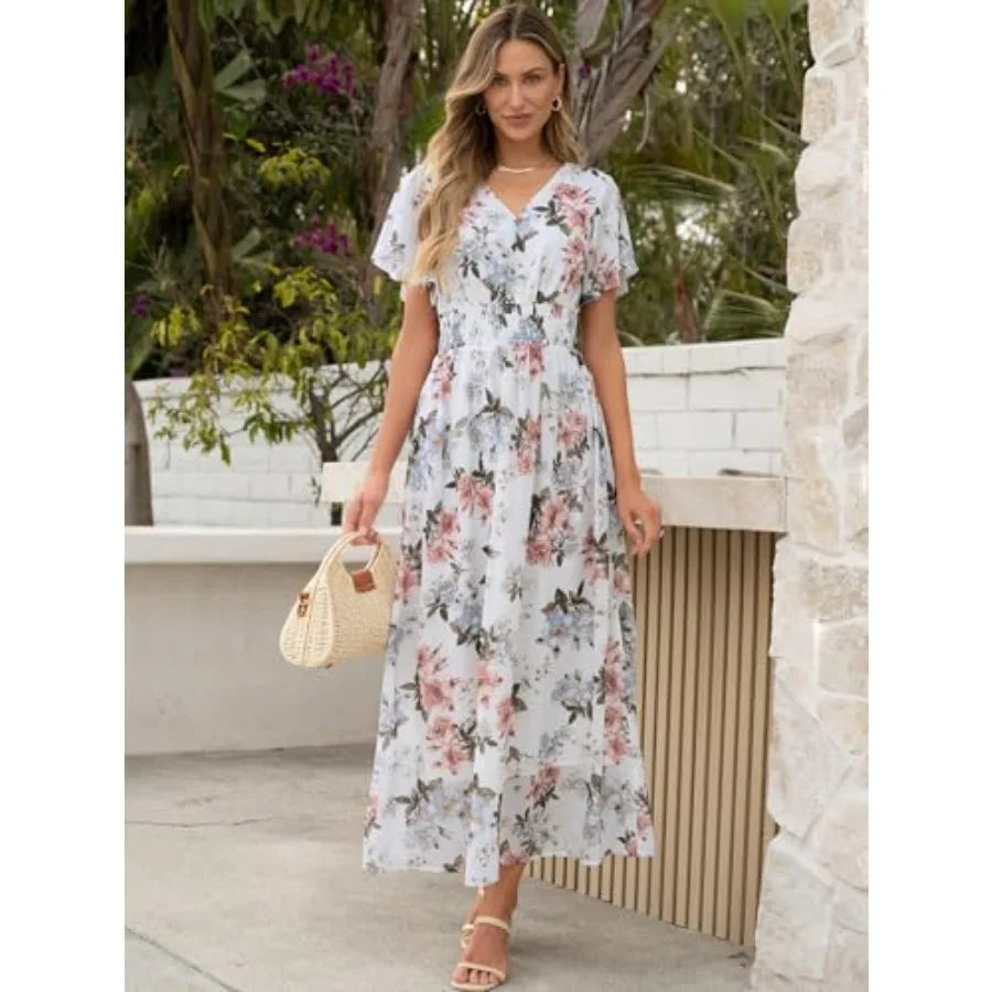 ANRABESS Womens Summer Floral Maxi Dress Casual V Neck Short Sleeve Chiffon Boho Flowy Beach 2026 Wedding Guest Long Dresses