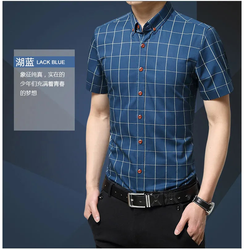 BROWON Men Plaid Short Sleeve Business Casual Shirt