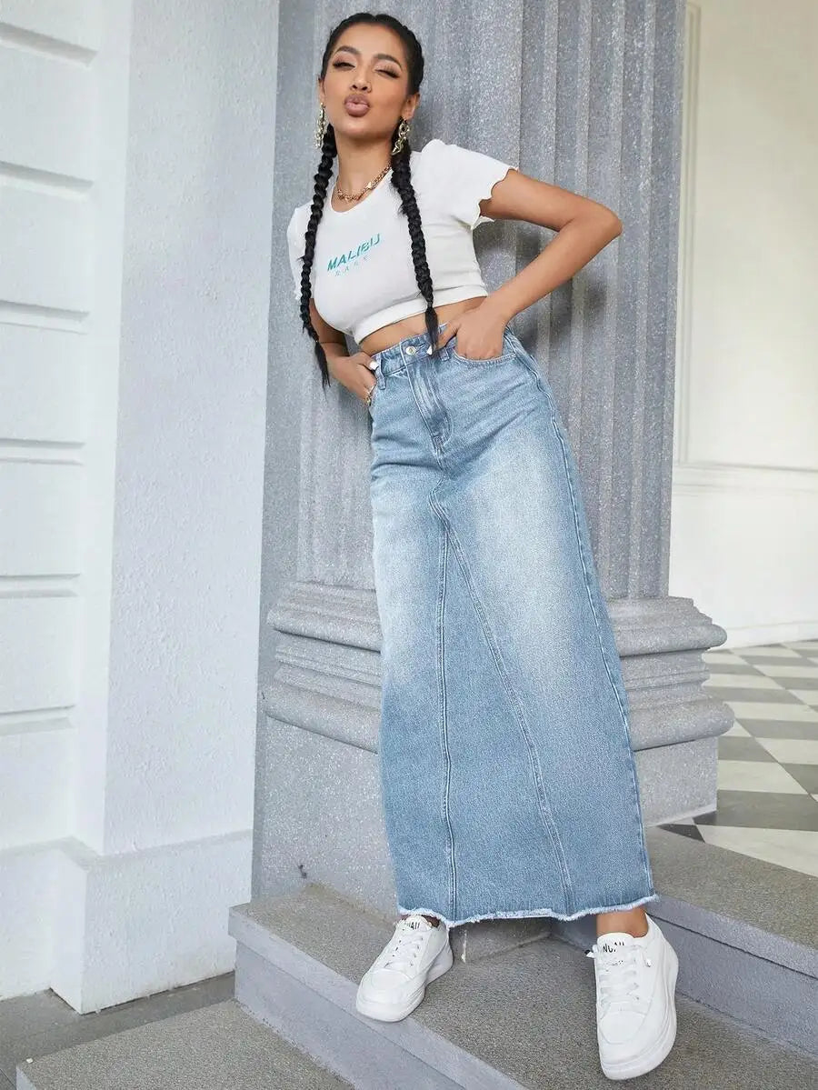 Women's High-Waisted Wide-Leg Denim Skirt with Frayed Hem