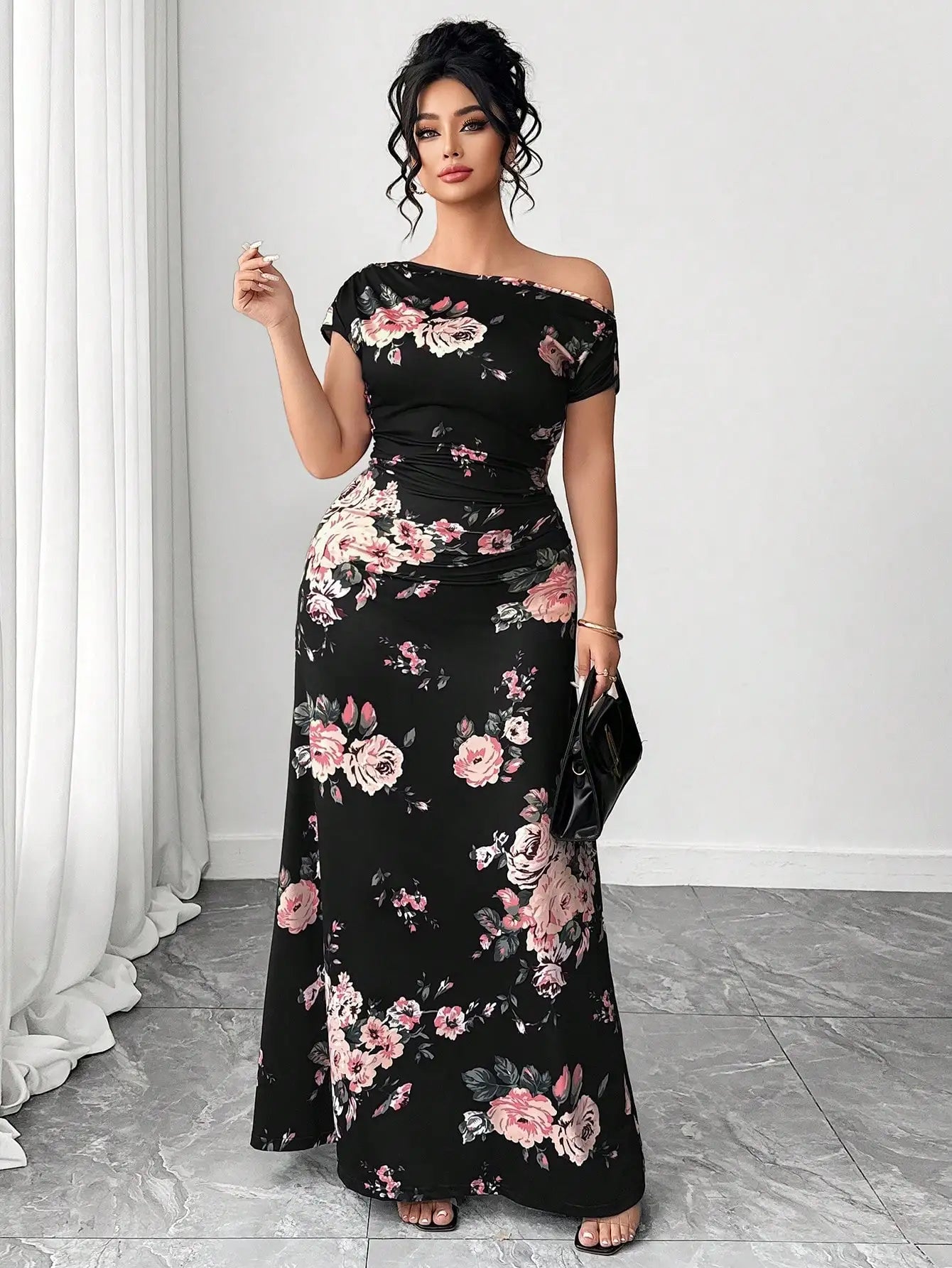 Off Shoulder Floral Print Short Sleeve Floor Length A-Line Dress For Women