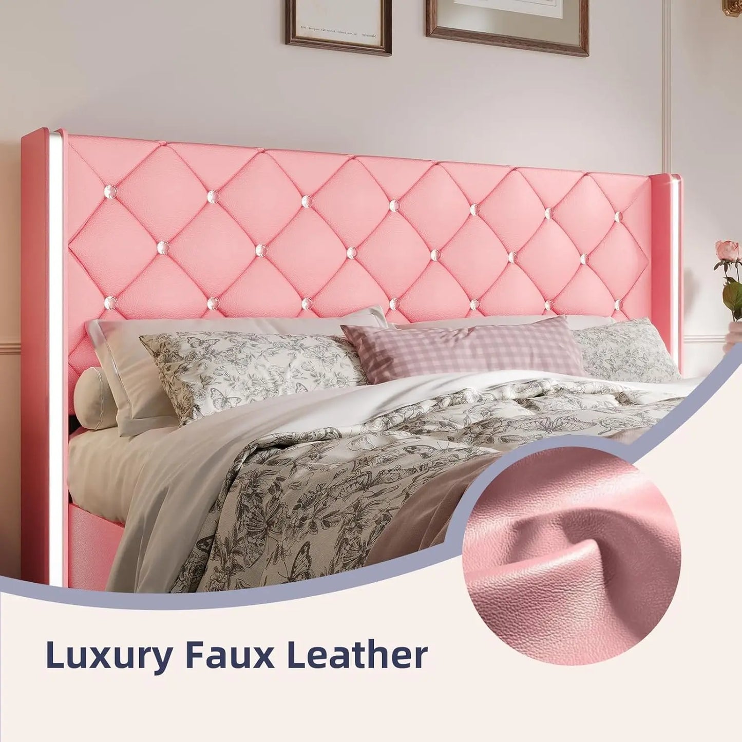 Queen Bed Frame with Headboard, Upholstered Queen Size Bed Frame with Diamond Tufted Wingback Headboard, Faux, Customized