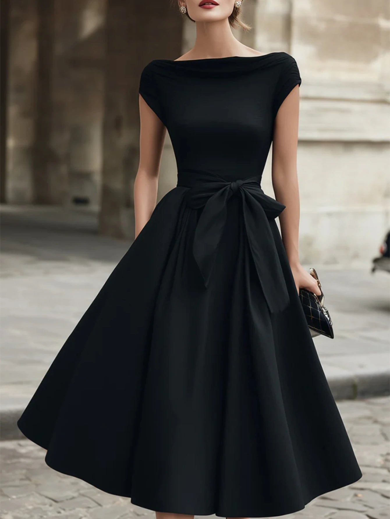 Off Shoulder Cap Sleeve Midi Dress For Women Self Tie Waist Bow A Line Swing Cocktail Party Vintage Black Dress