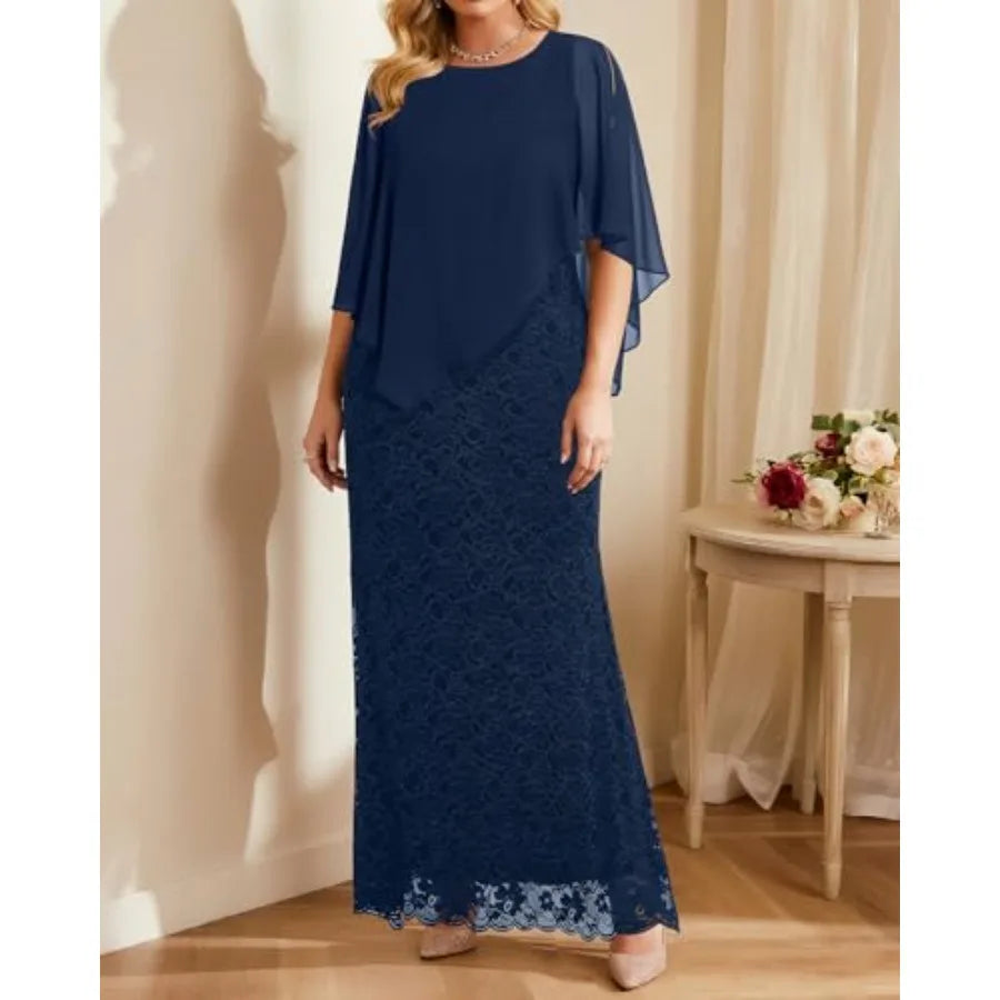 Women's Size Cape Dress with Chiffon Overlay Gown Formal Evening Lace Long Mermaid Dresses