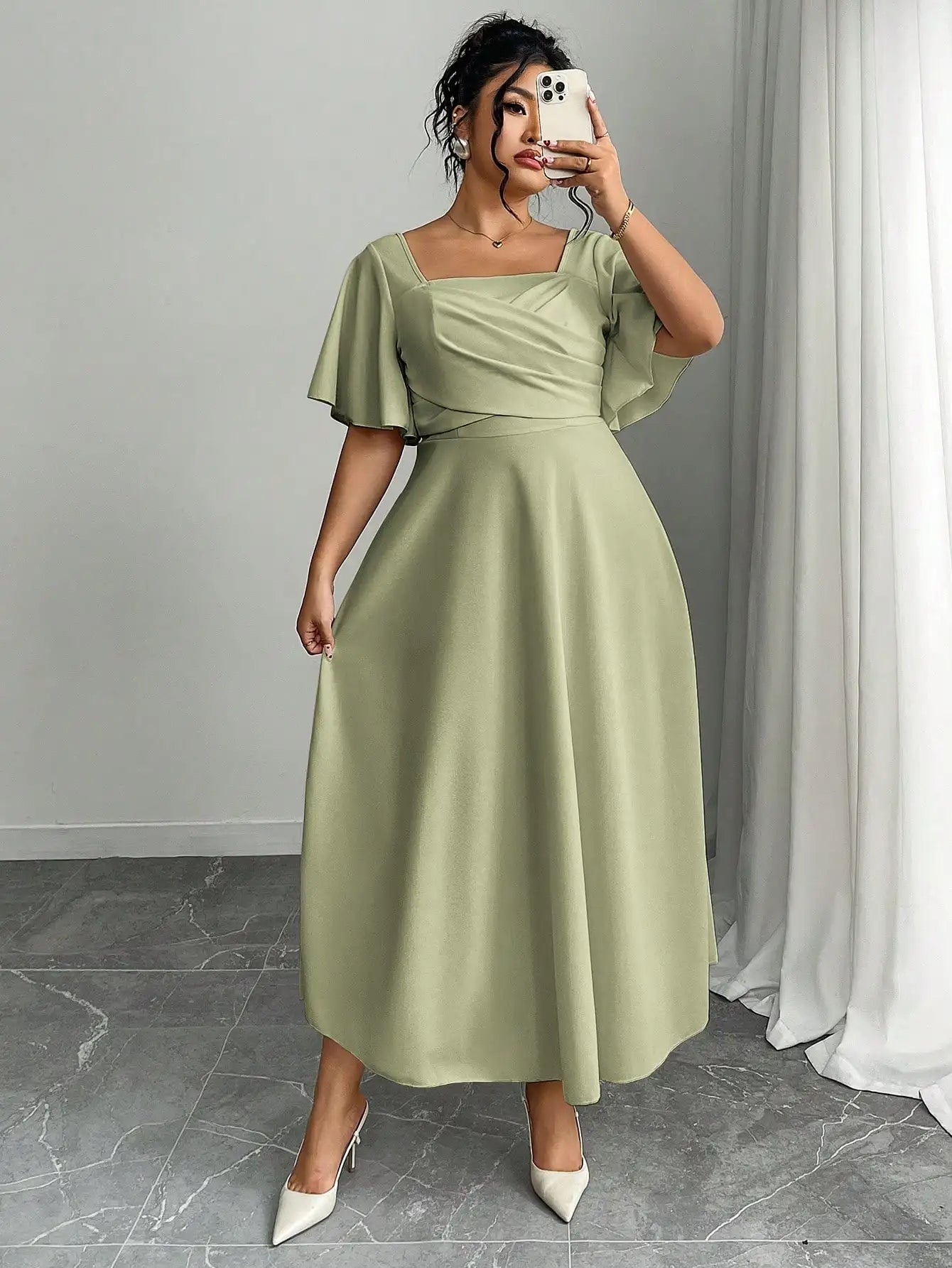 Elegant Plus Size Square Neck Draped Waist A-Line Midi Dress