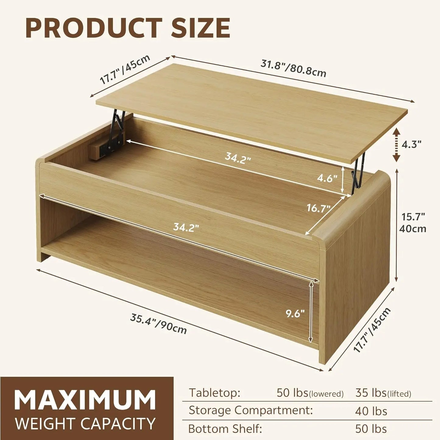 Lift Top Coffee Table, 35'' Multi-Function Coffee Table With Hidden Compartment & Open Shelf, Curved Profile Design, Converts To