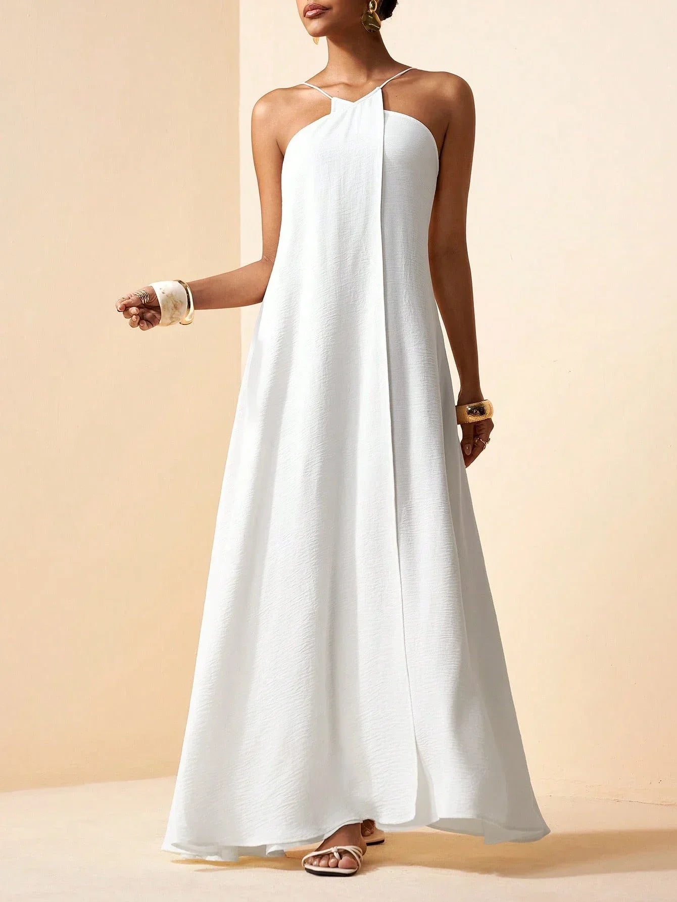 Boho Solid White Linen A-Line Backless Halter Long Dress For Vacation Beach Wedding