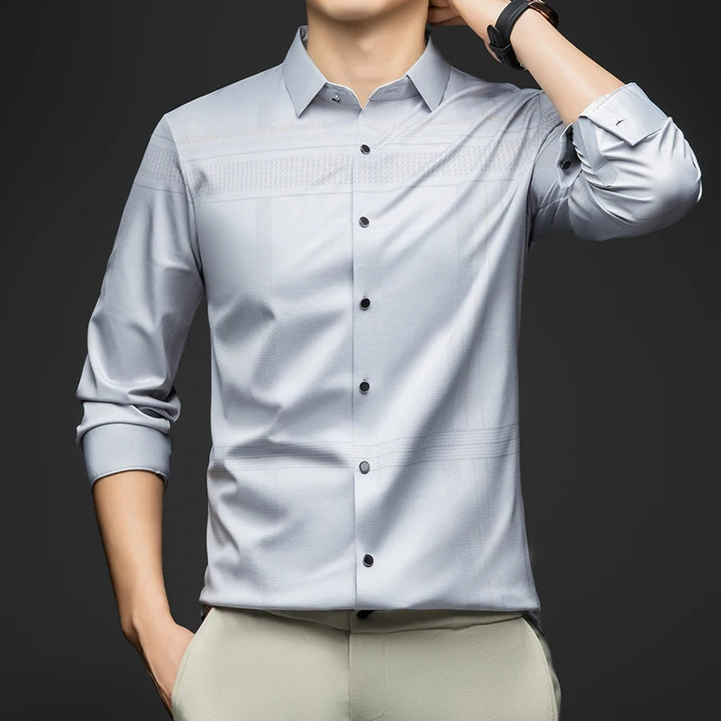 BROWON Long Sleeve Man Shirt Solid Color Business Slim Work Shirt Man 2026 Autumn New Casual Striped Print Shirt Men's Wear