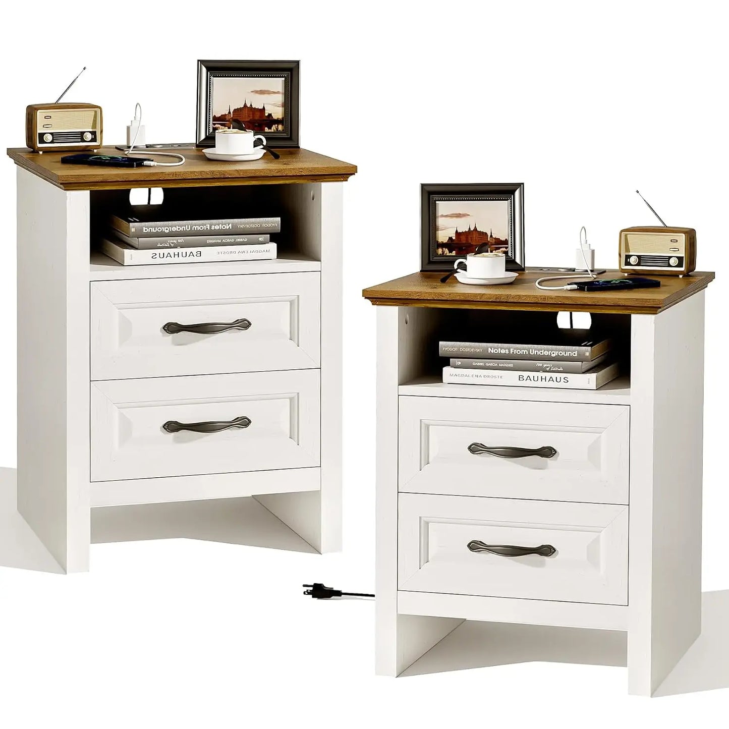 Night Stand Set 2 with Charging Station, Farmhouse Bedside Table with 2 Drawers and Open Storage, Rustic End Table, Customized