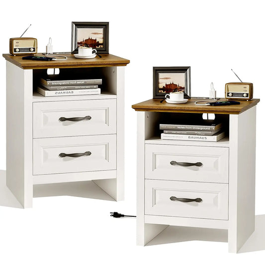 Night Stand Set 2 with Charging Station, Farmhouse Bedside Table with 2 Drawers and Open Storage, Rustic End Table, Customized