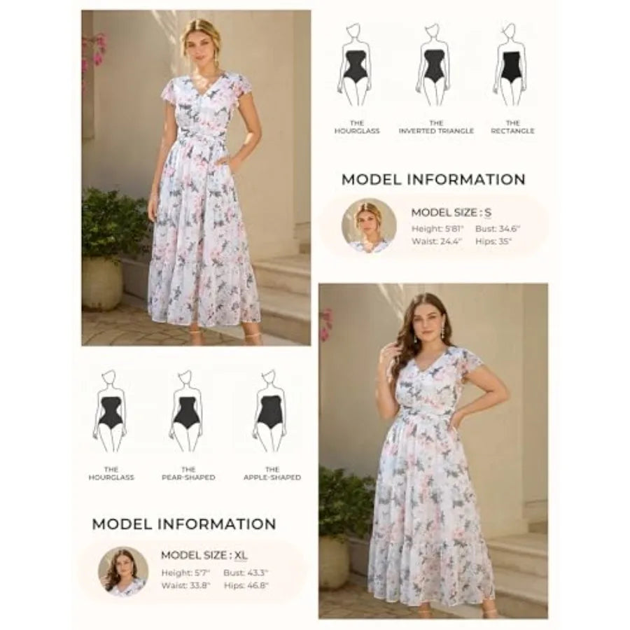 GRACE KARIN 2026 Women Summer Dress, Maxi Short Sleeve Floral Dresses, Semi Formal Flowy Wedding Guest Dress with Pocket