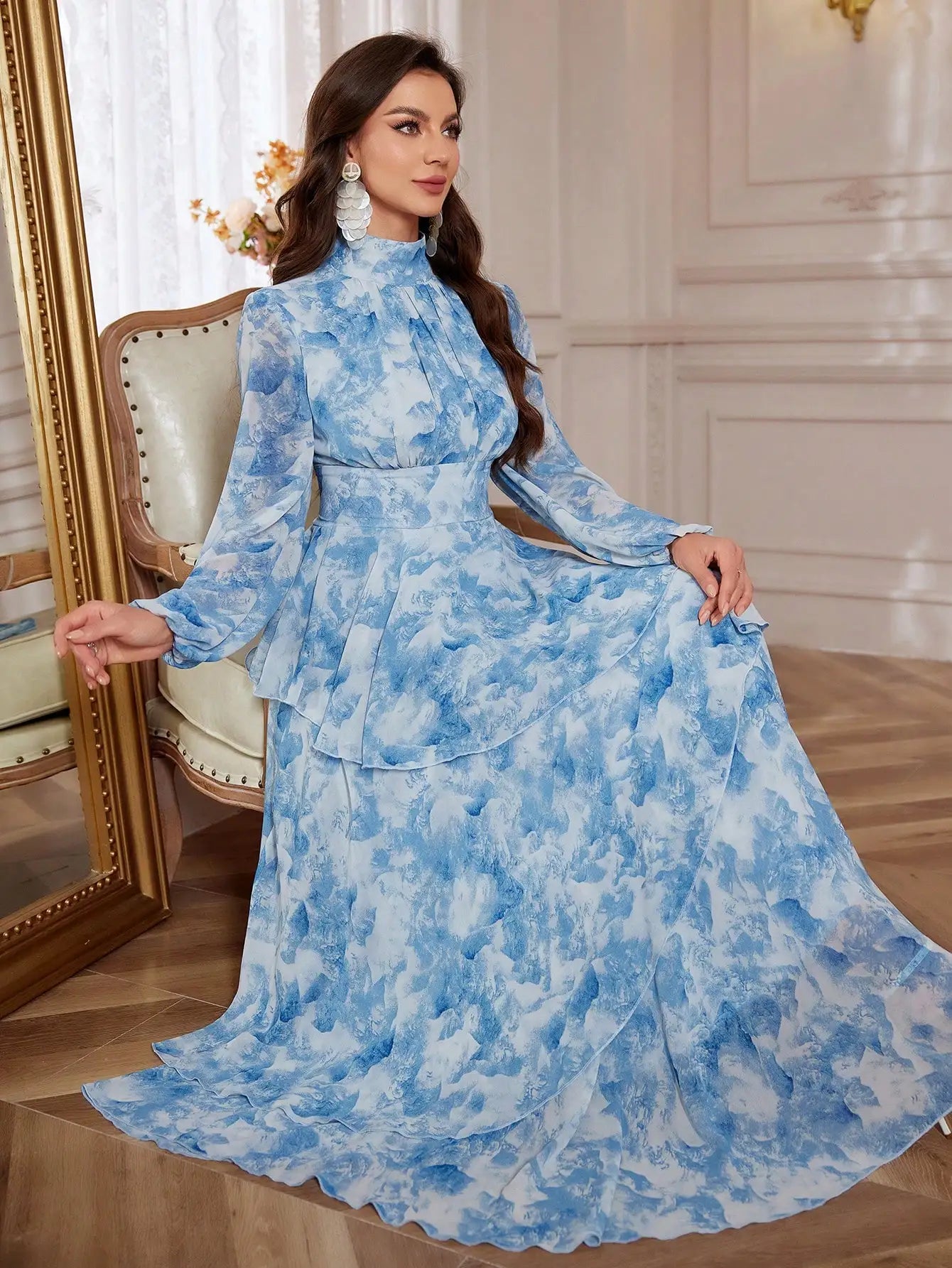 Women's Blue Floral Print Stand Collar Lantern Sleeve Ruffled Tiered Floor Length Elegant Dress