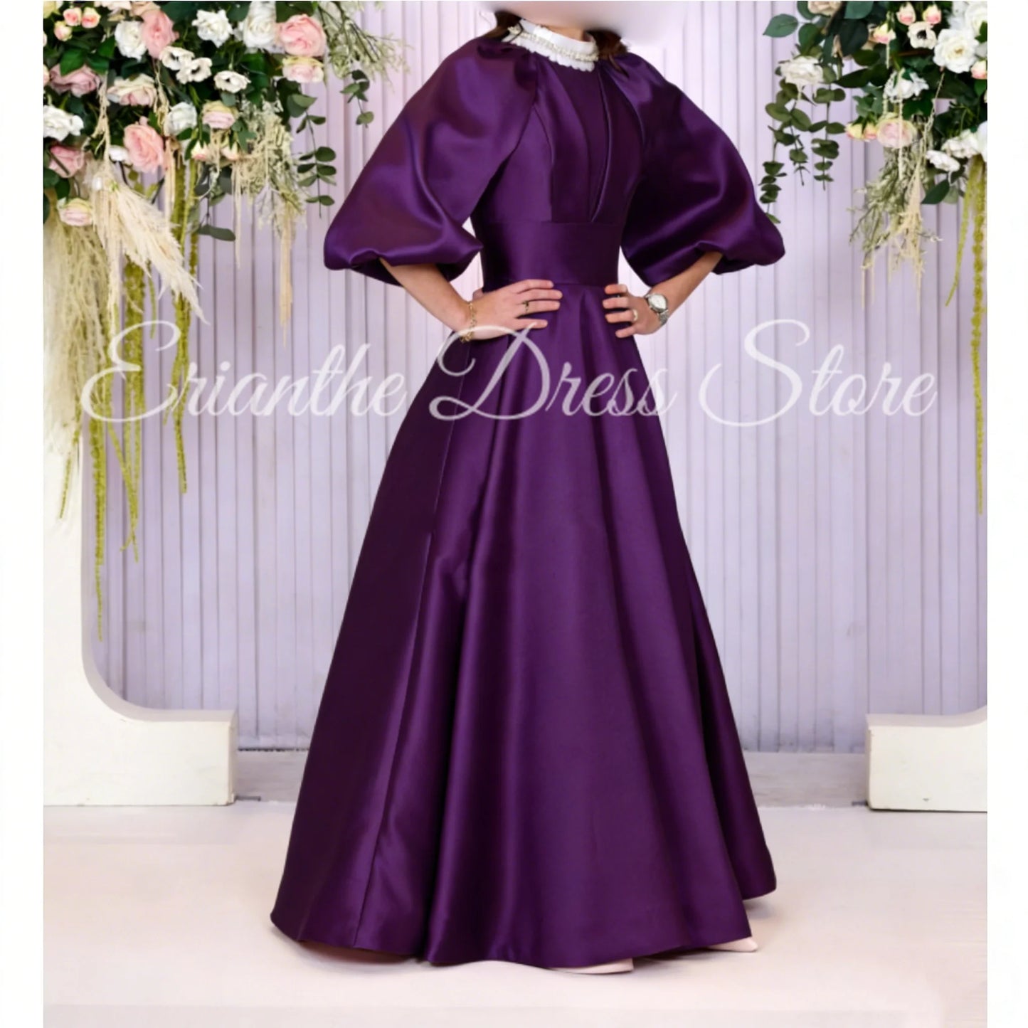 Pink Satin Bridesmaid DressSleeve Satin For Women Balloon Sleeve A-line Round Neck Birthday Party Evening Ball Gown Customized