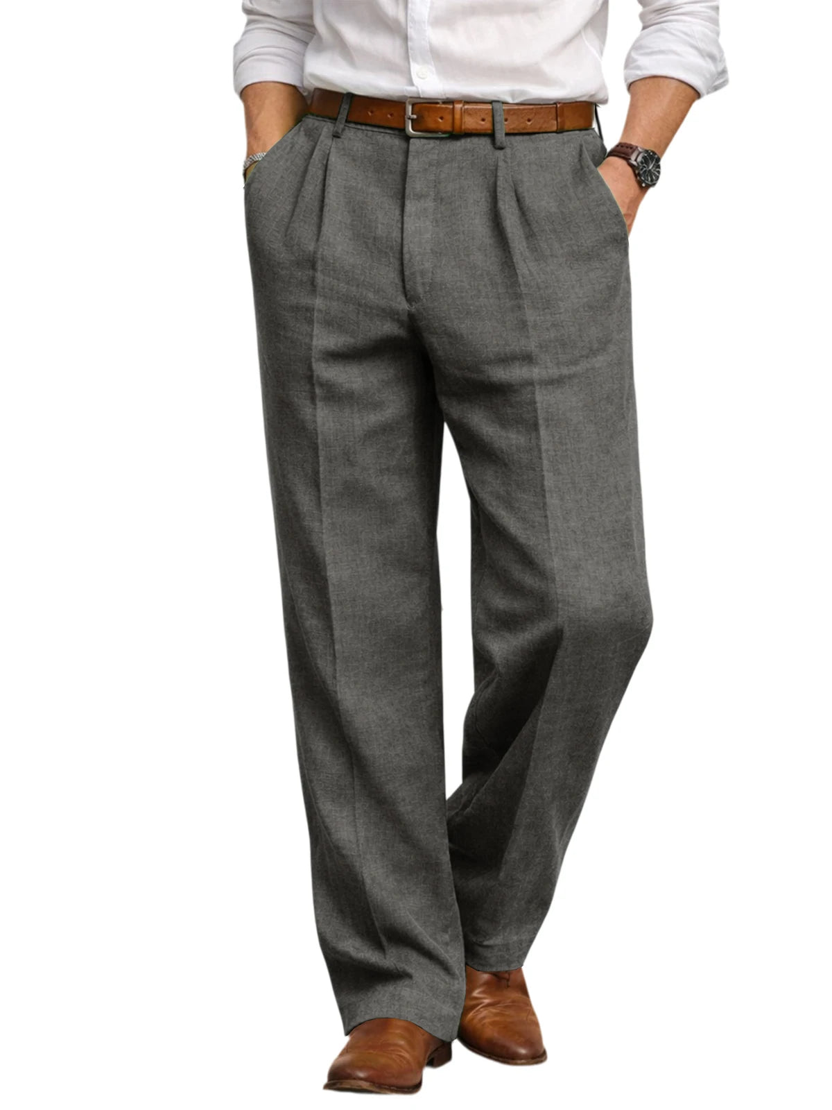 Men's Summer Linen Suit Pants High Waist Pleated Wide Leg Casual Trousers Business Formal  Breathable Loose Fit Straight Pants