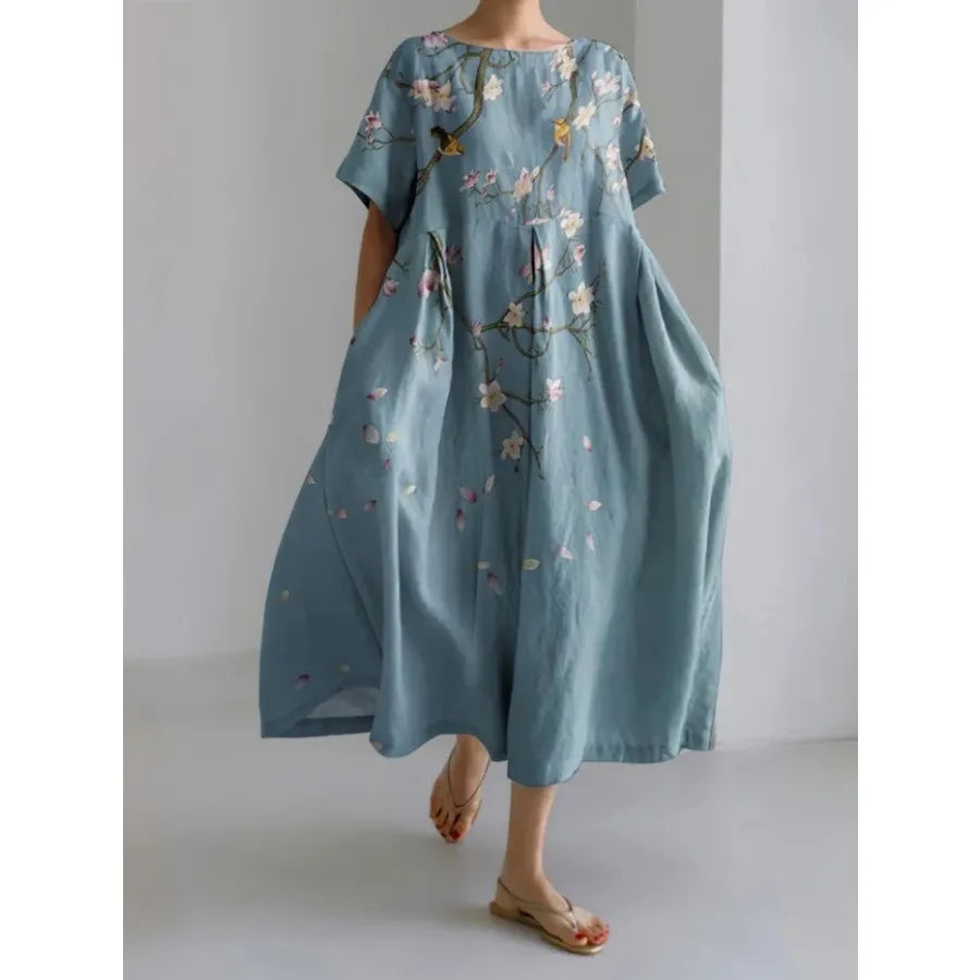 【New style】 - summer new European and American women's clothing loose round neck fashionable high-end short-sleeved printed dre