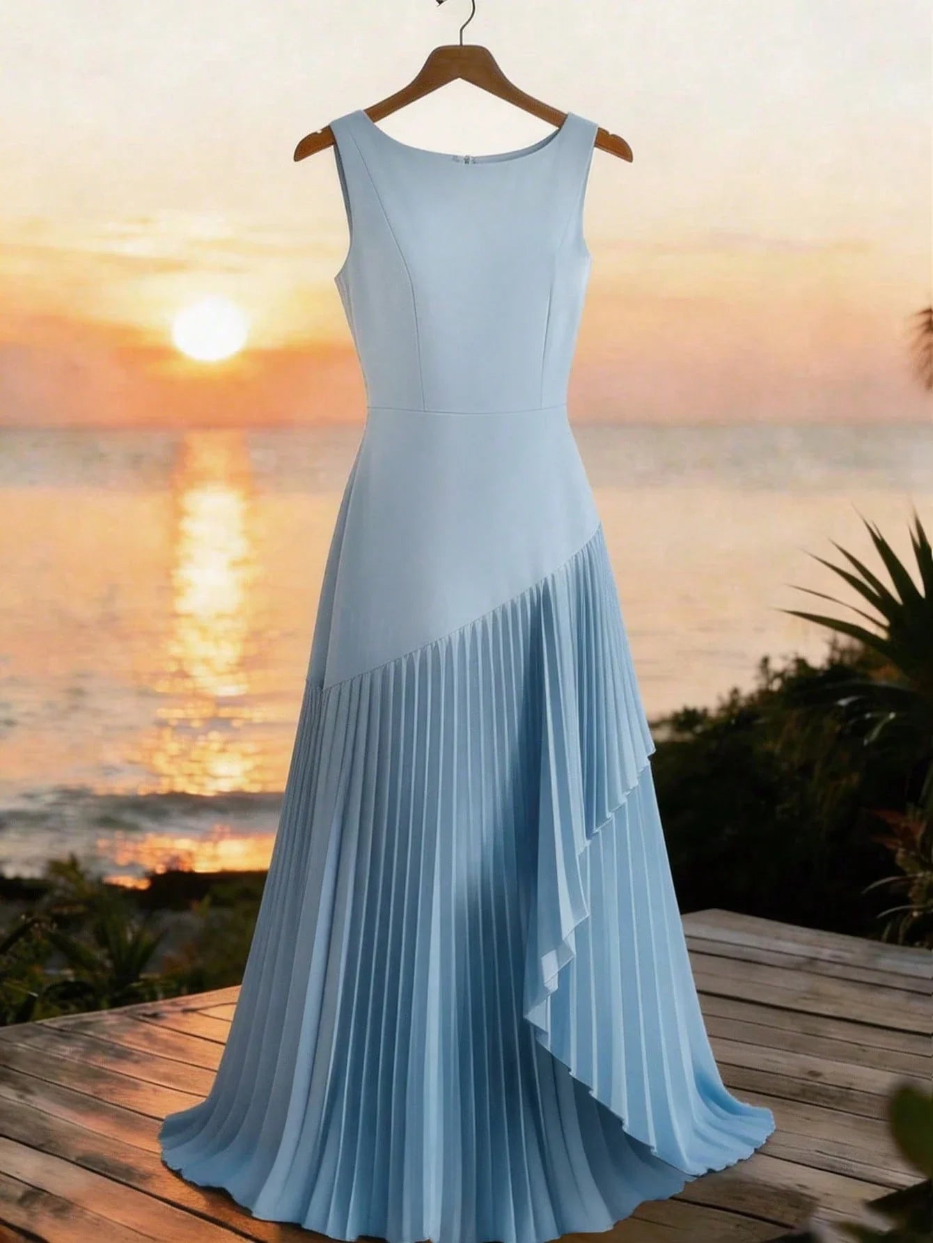 Elegant Light Blue Sleeveless Round Neck Pleated A-Line Floor Length Dress For Women