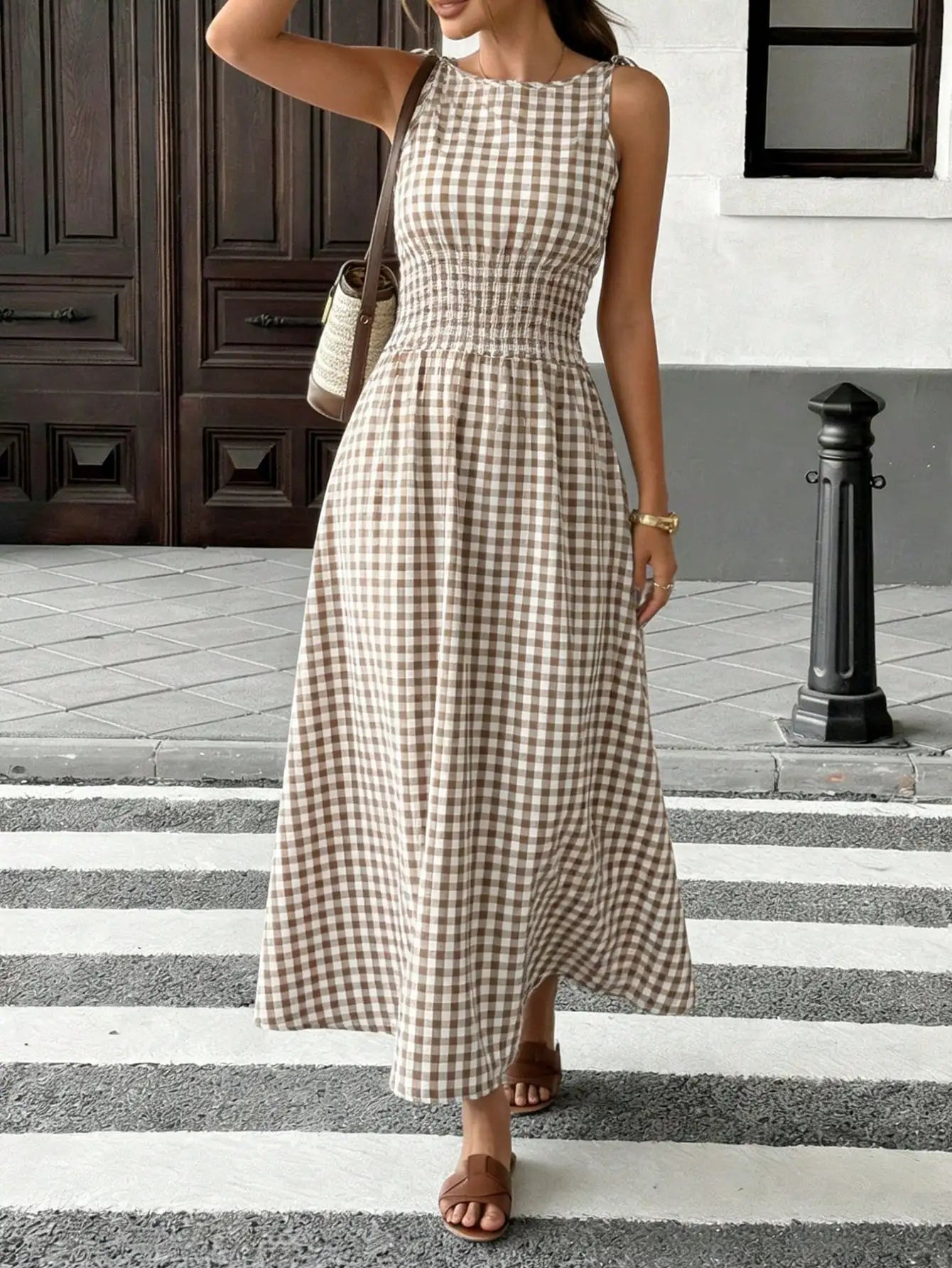 Brown Gingham Maxi Dress For Women Bow Tie Straps Smocked Waist Casual Elegant Summer Dress