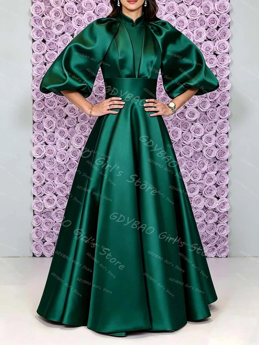 Customized Satin Pleated Bridesmaid Dress for Wedding Women‘s Vintage High Neck Balloon Sleeve Communion Party Evening Dress