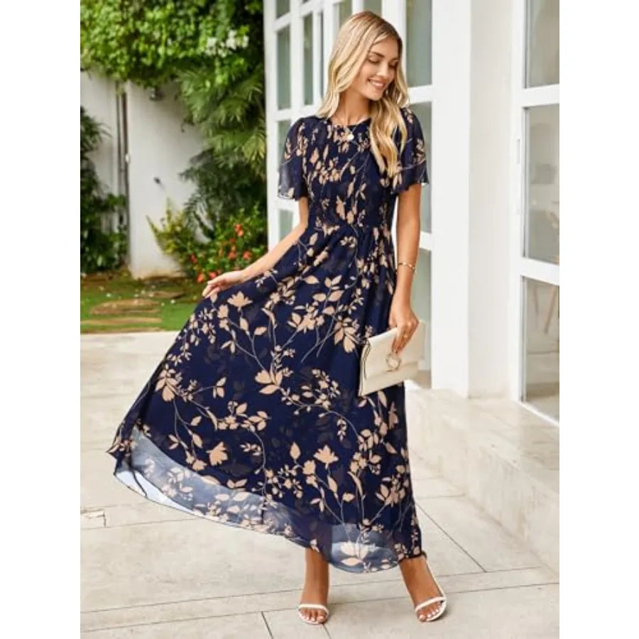 Simplee Womens Casual Floral Summer Maxi Dress 2026 Boho Flowy Short Sleeve Crew Neck Vacation Smocked Chiffon Dresses