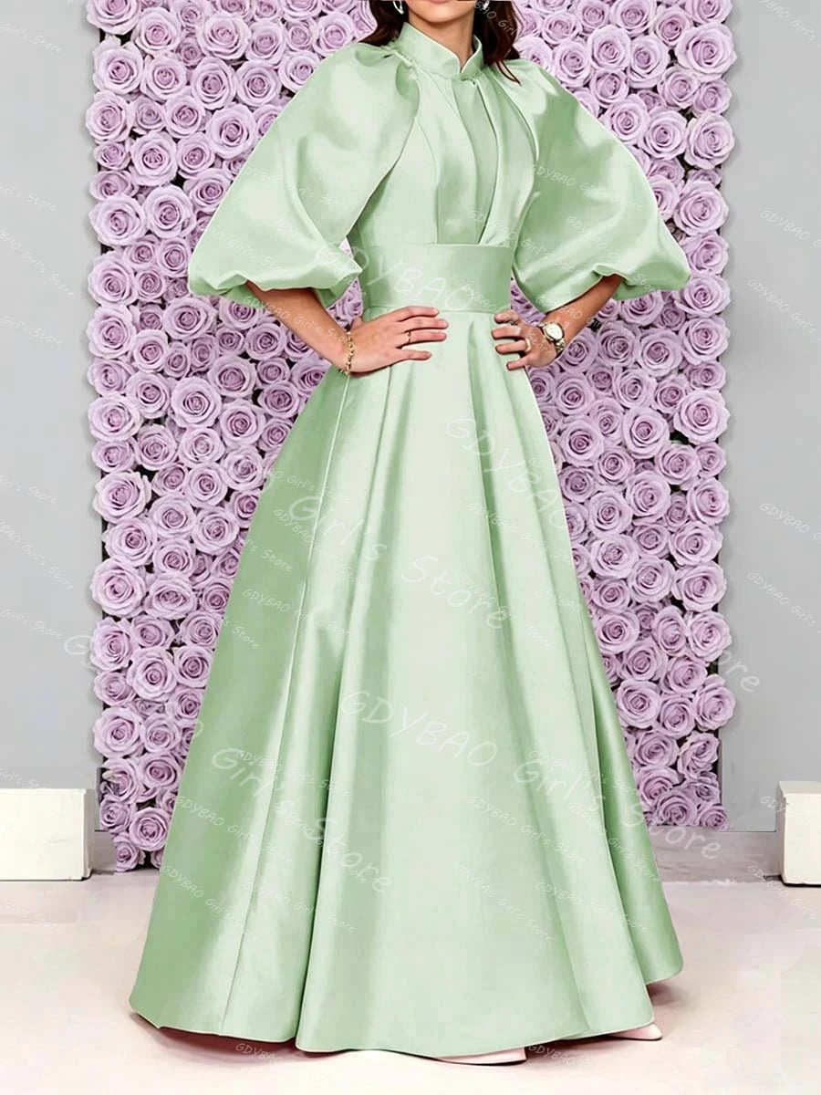 Customized Satin Pleated Bridesmaid Dress for Wedding Women‘s Vintage High Neck Balloon Sleeve Communion Party Evening Dress