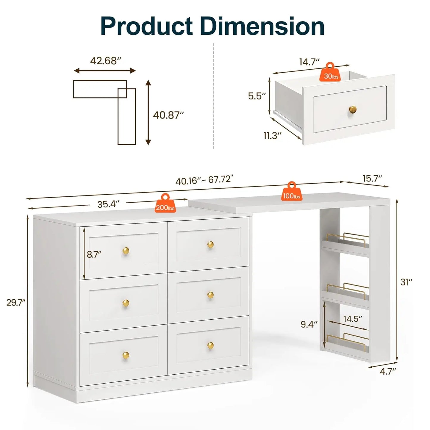 Vanity Desk and Dresser Combo, 67" L Extendable Big Makeup Vainty with 6 Drawer Dresser and 3 Side Shelves, Wood, Customized