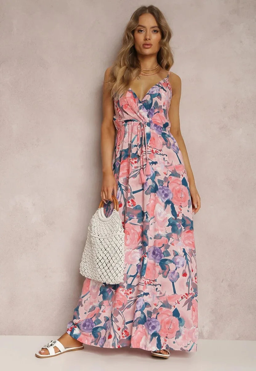 Women Watercolor Floral Print Maxi Dress V Neck Spaghetti Strap Tassel Tie Waist Smocked Back Summer Beach Holiday Casual Long Sundress